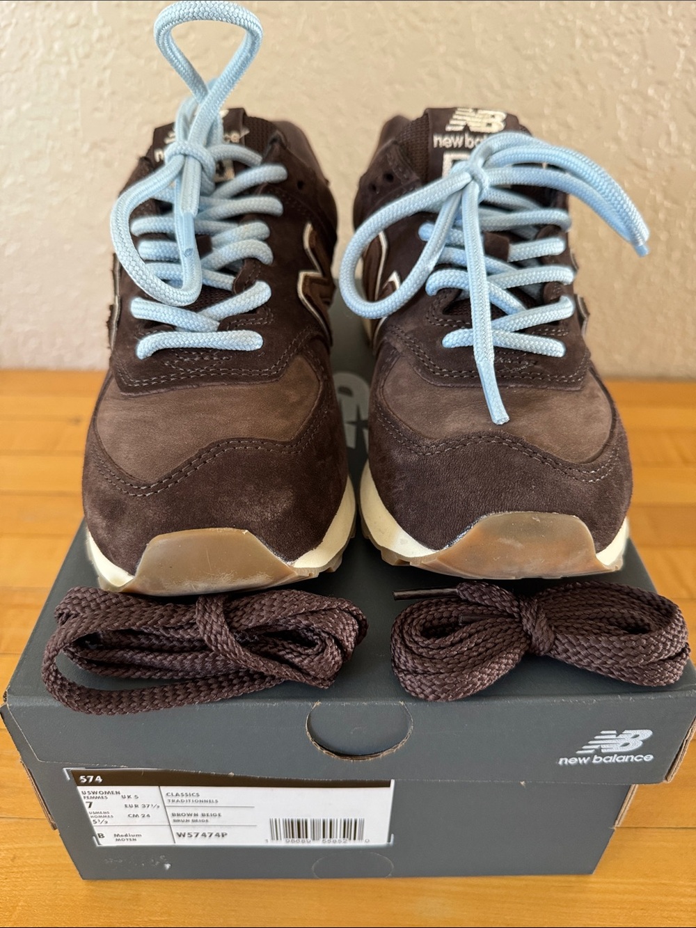 New Balance Brown Suede Sneakers with Light Blue Laces